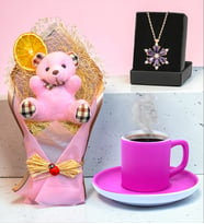 Pembe Ayıcık Buketi, Gerçek Ametist Taşlı Lotus Kolye ve Pembe Türk Kahvesi Fincanı