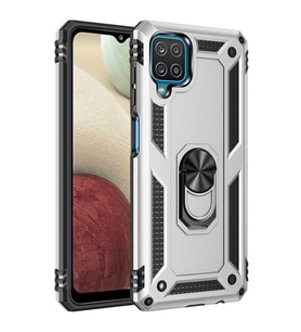Samsung Galaxy M12 Kılıf Metal For Car Yüzüklü Standlı Military Ring Serisi (Gümüş)