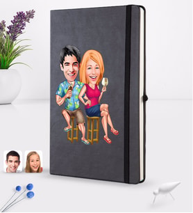 BK Gift Kişiye Özel Sevgililer Karikatürlü Siyah Termo Deri Defter 16x24cm Model 51