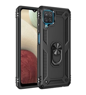 Samsung Galaxy M12 Uyumlu Kılıf Standlı Manyetik Yüzüklü Military Magnetic Ring Polycarbonate and TPU Case (Siyah)