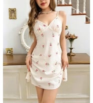 Lily Bianca %100 Pamuk Penye Pembe Gül Desenli Şirin Mini Gecelik-13004 (Beyaz)