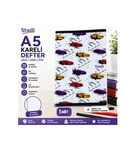 60 Yaprak A5 Kareli Defter – Renkli Spor Araba Desenli PP Kapak Öğrenci Defteri