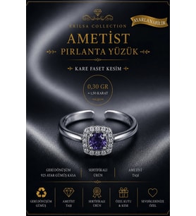 Sertifikalı Ametist Taşı Pırlanta Model Kare Faset Kesim 1,50 Karat 925 Ayar Gümüş Yüzük