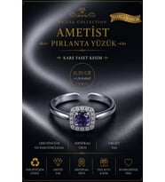 Sertifikalı Ametist Taşı Pırlanta Model Kare Faset Kesim 1,50 Karat 925 Ayar Gümüş Yüzük