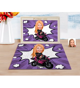 BK Gift Kişiye Özel Kadın Motorcu Karikatürlü 1000 Parça Profesyonel Puzzle-1
