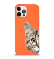 Apple iPhone 12 Pro Max Uyumlu Lansman Kılıf Catface Tasarımlı İçi Kadife Kapak-Turuncu (Şeffaf)