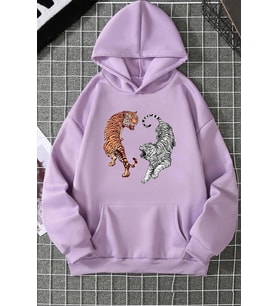 Unisex Tiger Baskılı Sweatshirt (Lila)