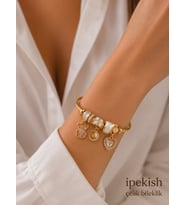 İpekish Çelik Bileklik Gold Charm Detaylı Kalp Ay ve Yonca Figürlü Taşlı Kadın Bileklik