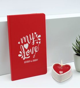 BK Gift Sevgililere Özel İsimli Kırmızı Defter ve Kalp Taş Obje Kokulu Mum Hediye Seti-11, Sevgiliye Hediye, Sevgililer Günü