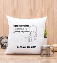 Kişiye Özel Varmış Ki Yemiş Diyelim Esprili Kare Yastık ve Silver Kupa