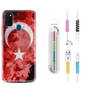 Samsung M21 M22 M23 M30 M31S M32 Kılıf Kablo Koruma Spiral Silikon Şanlı Türk Bayrağı 1315