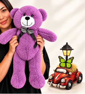 Bordo Vosvos Taksi Masa Lambası ve Büyük Boy Mor Peluş Ayıcık – Sevgiliye Doğum Günü Yıl Dönümü Hediyesi