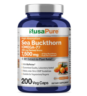 NusaPure Sea Buckthorn Omega-7 30:1 Extract, 250 mg Equivalent to 7,500mg per Veggie 200 Capsules.