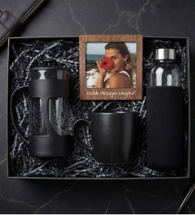 Kişiye Özel Fotoğraflı Çerçeve & French Press & Kılıflı Cam Matara & Siyah Kupa Hediye Seti