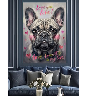 Love You Yazılı Fransız Bulldog Dekoratif Kanvas - Mdf Ahşap Tablo
