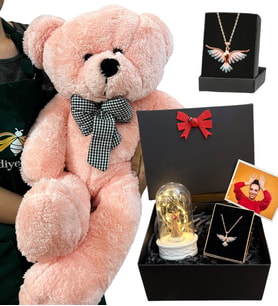 Renkli Zümdürü Anka Kuşu Kolyeli Fotoğraflı Premium Set - Büyük Boy Pembe Peluş Ayıcıklı (Model 3)