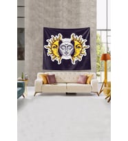 Lacivert Güneşin İçindeki Ay Leke Tutmaz Kadife Kumaş Duvar Örtüsü Duvar Halısı Tapestry (Lacivert-Sarı)
