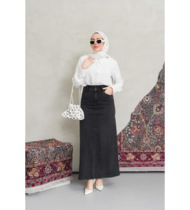 2254-Denim Klasik Etek Füme