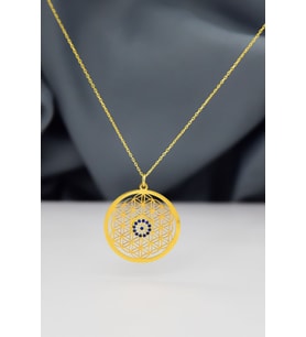 925 Ayar Gümüş Gold Kaplama Yaşam Çiçeği, Nazar Boncuğu Detaylı Kolye