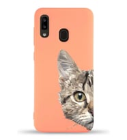 Samsung Galaxy A20 Uyumlu Lansman Kılıf Catface Tasarımlı İçi Kadife Kapak-Turuncu (Şeffaf)