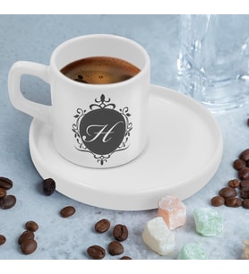 BK Gift Kişiye Özel Sunum Tabaklı Harfli Kahve Fincanı-5, Sevgiliye Hediye, Aileye Hediye, Arkadaşa Hediye