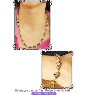 Sertifikalı İncili Dalmaçya Jasper Taşlı Doğal Taş Kolye Bileklik Seti (Çok Renkli)