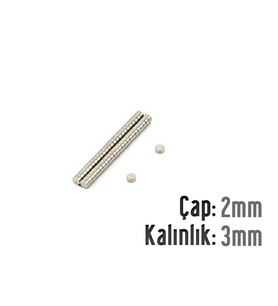 Neodyum Mıknatıs Silindir Çap 2mm , Kalınlık 3mm   ( 30 Adet) (Metal)