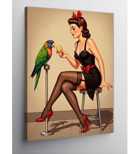 Kanvas Tablo Papağanlı Pin-Up Kadın