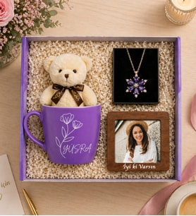 Kişiye Özel İsimli Kupa Peluş Ayıcık & Yazılı Ahşap Fotoğraf Çerçevesi & Lotus Kolye