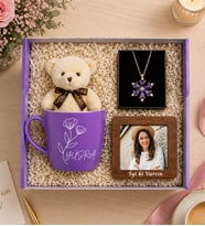 Kişiye Özel İsimli Kupa Peluş Ayıcık & Yazılı Ahşap Fotoğraf Çerçevesi & Lotus Kolye