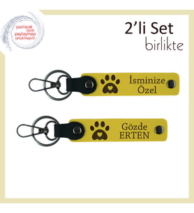 Köpeğinizin İsmine Özel Kişiselleştirebileceğiniz Anahtarlık, Kalpli Pati Figürlü x2 Set, Sarı-Sarı
