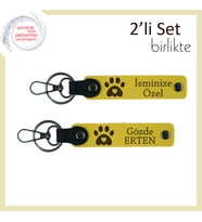 Köpeğinizin İsmine Özel Kişiselleştirebileceğiniz Anahtarlık, Kalpli Pati Figürlü x2 Set, Sarı-Sarı