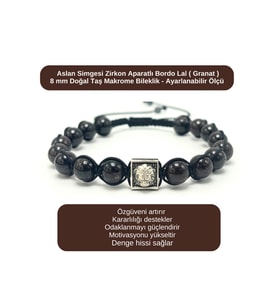 SERTİFİKALI Zirkon Aslan Aparatlı Lal (Granat) - 8mm Doğal Taş Bileklik Makrome Ayarlanabilir Ölçü