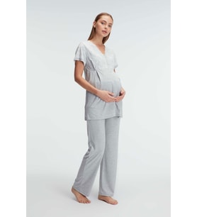Anıl 11308 Kısa Kol V Yaka Kadın Polyester Elastan  Yazlık Örme Dantel Detaylı Hamile Pijama Takımı