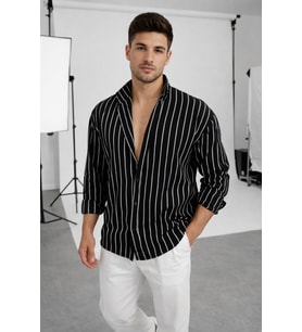 Erkek İki Çizgili Regular Relaxed Fit Uzun Kollu Gömlek