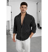 Erkek İki Çizgili Regular Relaxed Fit Uzun Kollu Gömlek
