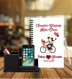 Sevgililer Gününe Özel Ahşap Defter Kalem & Deri Kaplama Kalemlik Hediye Seti 30