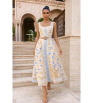 Kadın İthal Çiçek Desenli Kemerli Düğme Detaylı Midi Elbise – Şık Yazlık Elbise