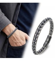 Moncuk Design Hematit Doğal Taş ve Çelik Halat Örme Erkek Bileklik 33512B2DH2