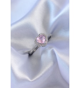Gümüş Renk Pembe Zirkon Taşlı Kalp Charm Model Pirinç Kadın Yüzük TJ-BYK2617