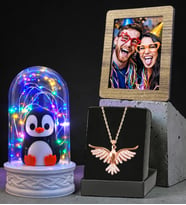 Kişiye Özel Hediye Renkli Led Işıklı Penguen Fanus, Fotoğraf ve Anka Kuşu Kolye (Pembe)