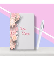 BK Gift Kişiye Özel Çiçek Desenli Beyaz Defter Kalem Seti-10