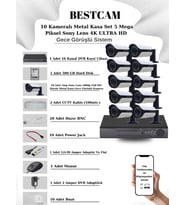 BESTCAM 10 Kameralı Metal Kasa Set 5 Mega Piksel Sony Lensli 4K Ultra HD Gece Görüşlü Sistem 500 GB Hard disk