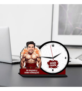 Erkek Sumo Güreşçisine Hediye Karikatürlü MDF Masa Saati