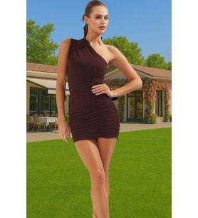 Şık Tek Omuzlu Mini Elbise Polyester Kumaş Rahat Kalıp Rahat Ve Şık Şık Görünüm Trend Tasarım
