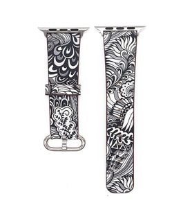 Çiçek Desenli Apple Watch 7 6 5 4 3 42-44 Mm Kordon Kayış Sk06 Siyah-Beyaz