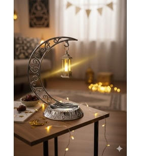 Dekoratif 28 cm Hilal Parlak Gümüş Ramazan Led Lamba 10 cm Kancalı Set