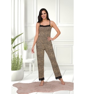 Kadın Leopar Desenli Pamuklu Likralı Kahverengi Askılı Dantel Detaylı Pijama Takımı 28448