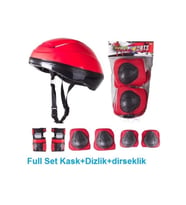 Çocuk Kask Dizlik Dirseklik Koruyucu Set 7 Parça (Kırmızı)