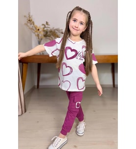 Kız Çocuk Pano Kalp Baskı Bisiklet Yaka T-Shirt Kargo Cepli Alt Mor Eşofman Takı
